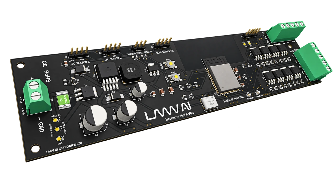 NeuraLux Mini 8 kontrol kartı, siyah PCB ve beyaz baskılı tasarım görselleştirmesi